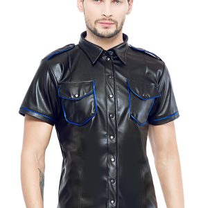* Code8 by XXX COLLECTION Zwart leren heren shirt met blauwe biezen (S-M- 2XL)