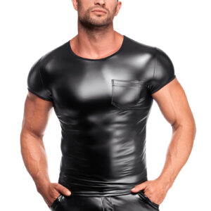 * NOIR handmade Powerwetlook heren shirt met borstzak in zwart, H084