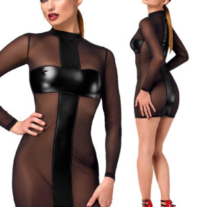* NOIR handmade Crossfire Mesh & Wetlook Mini Jurk,F369