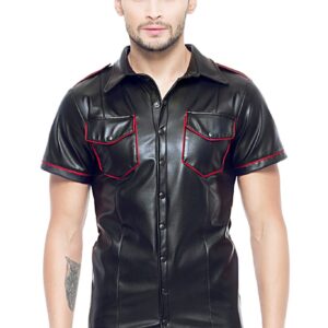 * Code8 by XXX COLLECTION Zwart leren heren shirt met rode biezen (S )