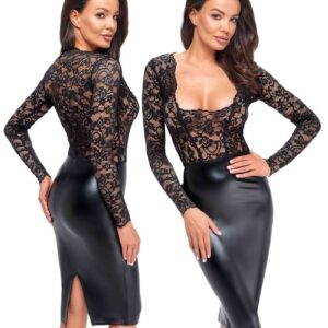 * NOIR handmade Wetlook halflange jurk met kant, F295